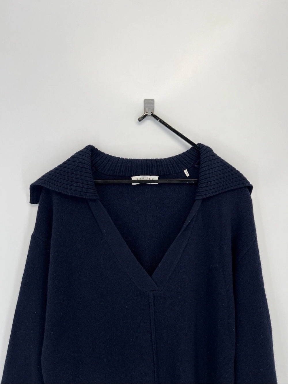 Sandro Lauryn Wool Cashmere Blend Long Collar V Neck Midi Sweater Dress